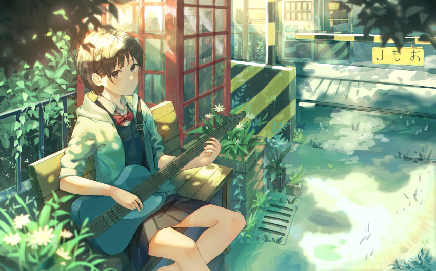 1girl, absurdres, aoi_aioi, bangs, bench, black_eyes, black_hair, blush, bow, bowtie, closed_mouth, commentary_request, guitar, highres, holding, holding_instrument, instrument, jacket, looking_at_viewer, phone_booth, red_bow, red_bowtie, revision, scenery, shadow, shirt, short_hair, simo_(user_fshg3833), sitting, sleeves_rolled_up, smile, solo, sora_no_aosa_o_shiru_hito_yo, white_jacket, white_shirt