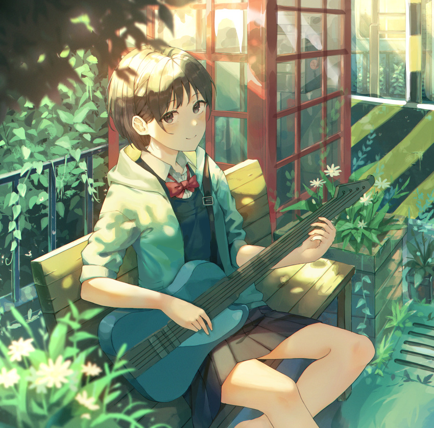 1girl, absurdres, aoi_aioi, bangs, bench, black_eyes, black_hair, blush