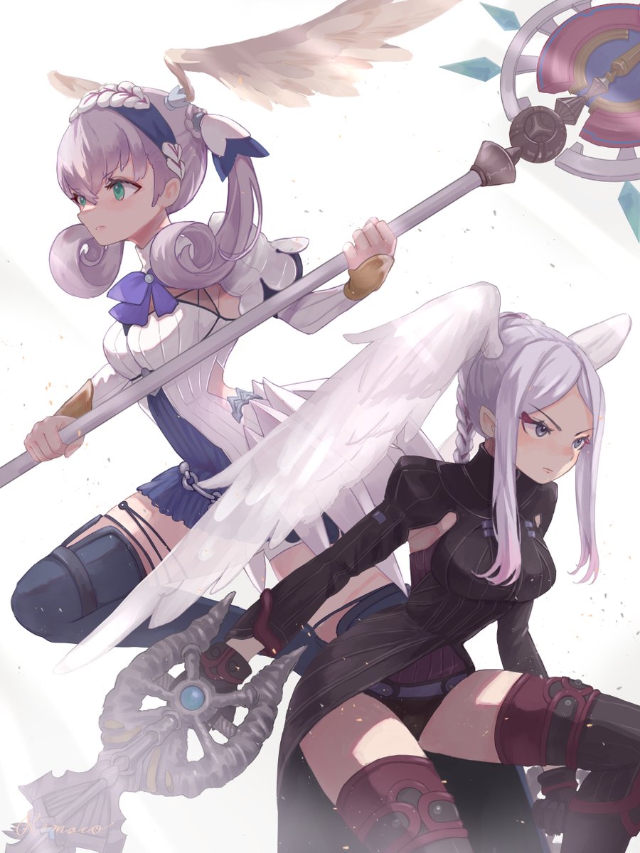 2girls, blue_eyes, braid, breasts, cape, crown_braid, curly_hair, dress, gloves, head_wings, highres, juliet_sleeves, long_hair, long_sleeves, medium_breasts, melia_antiqua, multiple_girls, o-ring, puffy_sleeves, remaco, short_dress, siblings, simple_background, sisters, smile, staff, thigh-highs, tyrea_(xenoblade), upper_body, xenoblade_chronicles:_future_connected, xenoblade_chronicles_(series), xenoblade_chronicles_1