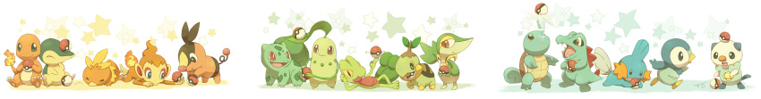 bulbasaur, charmander, chikorita, chimchar, cyndaquil, everyone, highres, holding