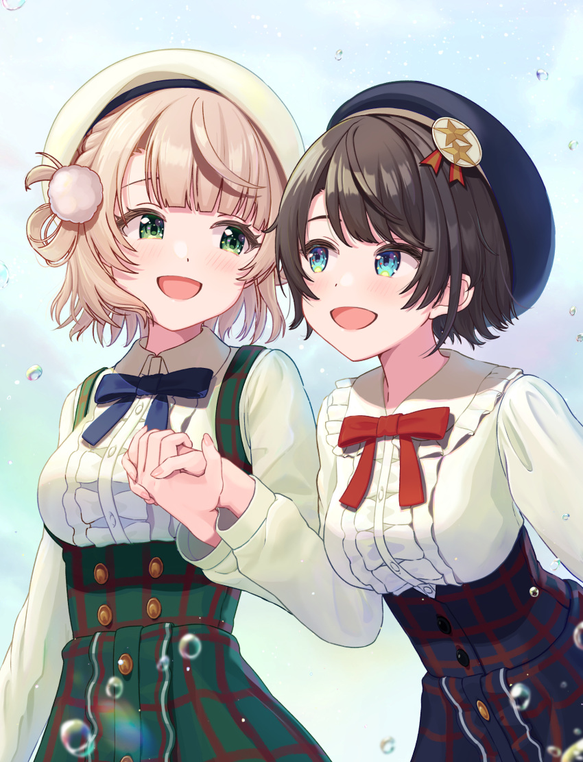 2girls, :d, beret, blouse, blue_eyes, brown_hair, frills, green_eyes