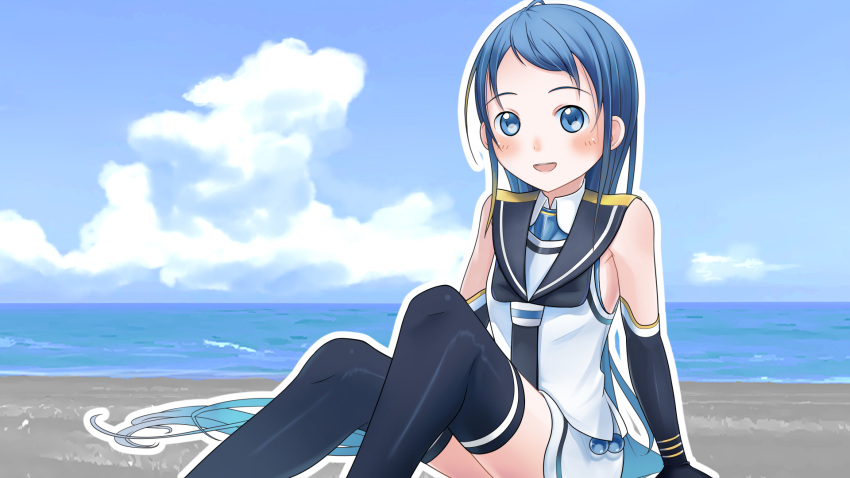 1girl, bangs, beach, black_gloves, black_neckerchief, black_sailor_collar, black_thighhighs, blue_eyes