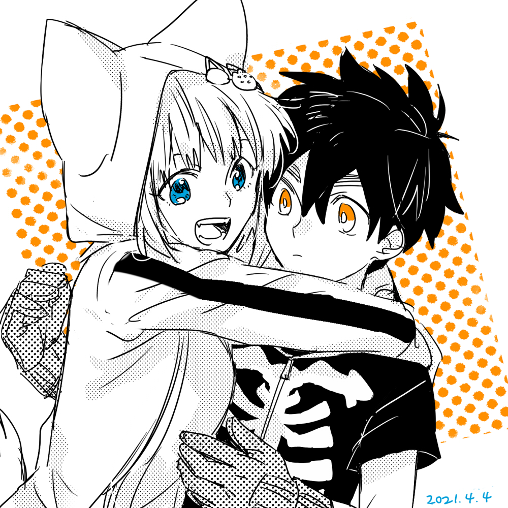 1boy, 1girl, :o, animal_hood, black_hair, blue_eyes, dated, fangs