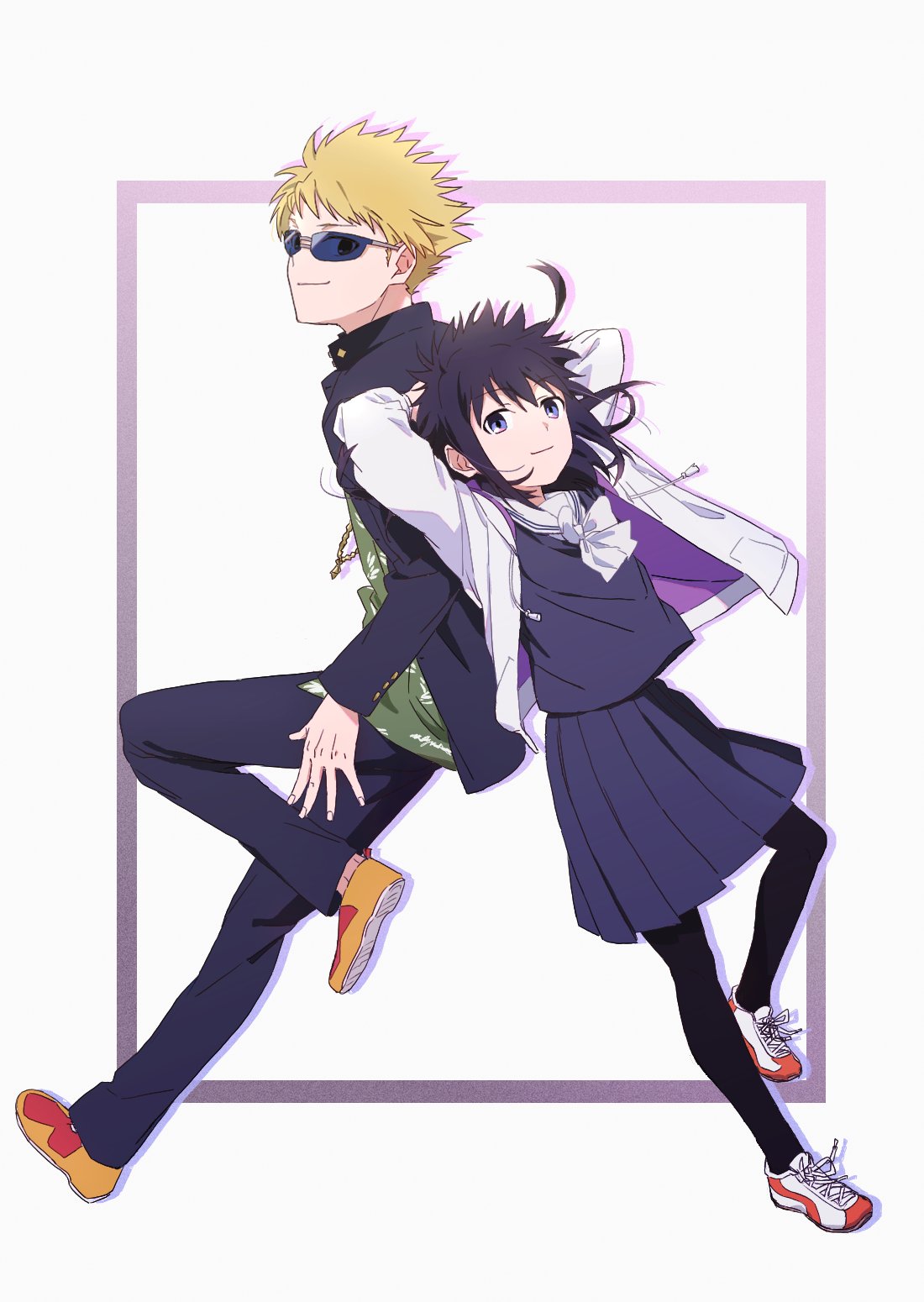 1boy, 1girl, black_hair, black_jacket, black_pants, black_serafuku, black_skirt, blonde_hair, bow, closed_mouth, commentary_request, full_body, gakuran, genderswap, genderswap_(mtf), green_shirt, highres, hood, hoodie, jacket, kamijou_touma, long_sleeves, orange_footwear, pants, riyen1017, sailor_collar, school_uniform, serafuku, shirt, shoes, skirt, smile, sneakers, spiky_hair, sunglasses, thigh-highs, toaru_majutsu_no_index, tsuchimikado_motoharu, white_bow, white_footwear, white_hoodie, white_sailor_collar, white_thighhighs