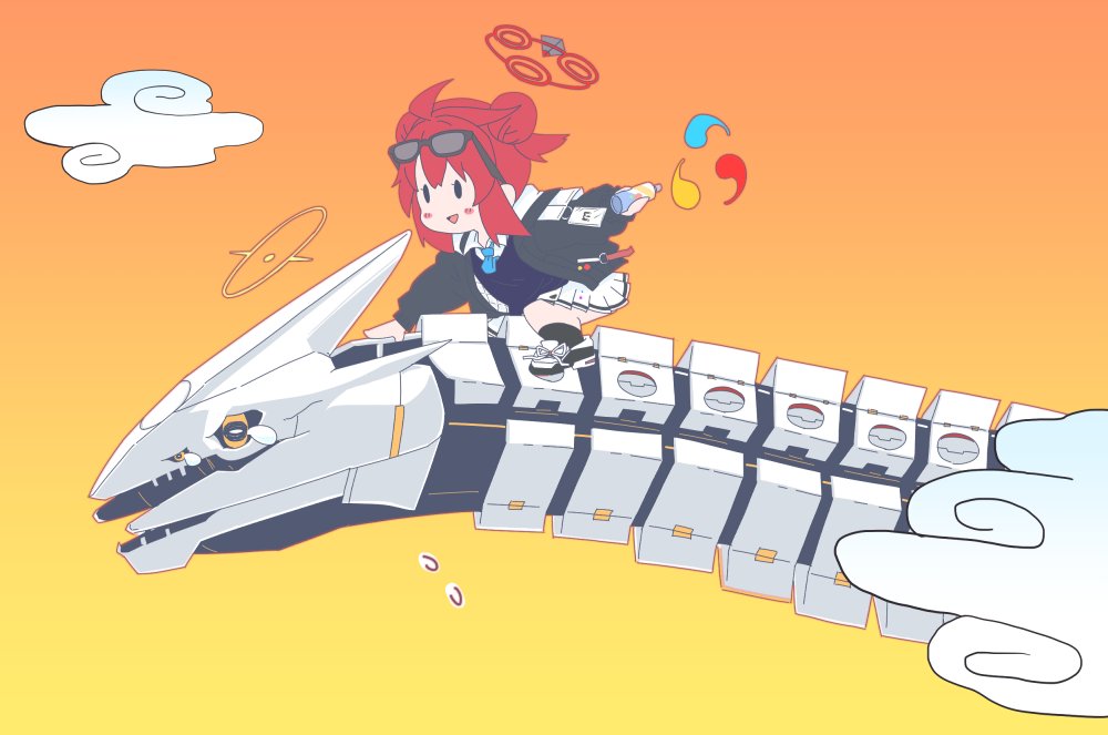 1girl, :d, ahoge, binah_(blue_archive), black_eyes, black_socks, blue_archive, blue_necktie