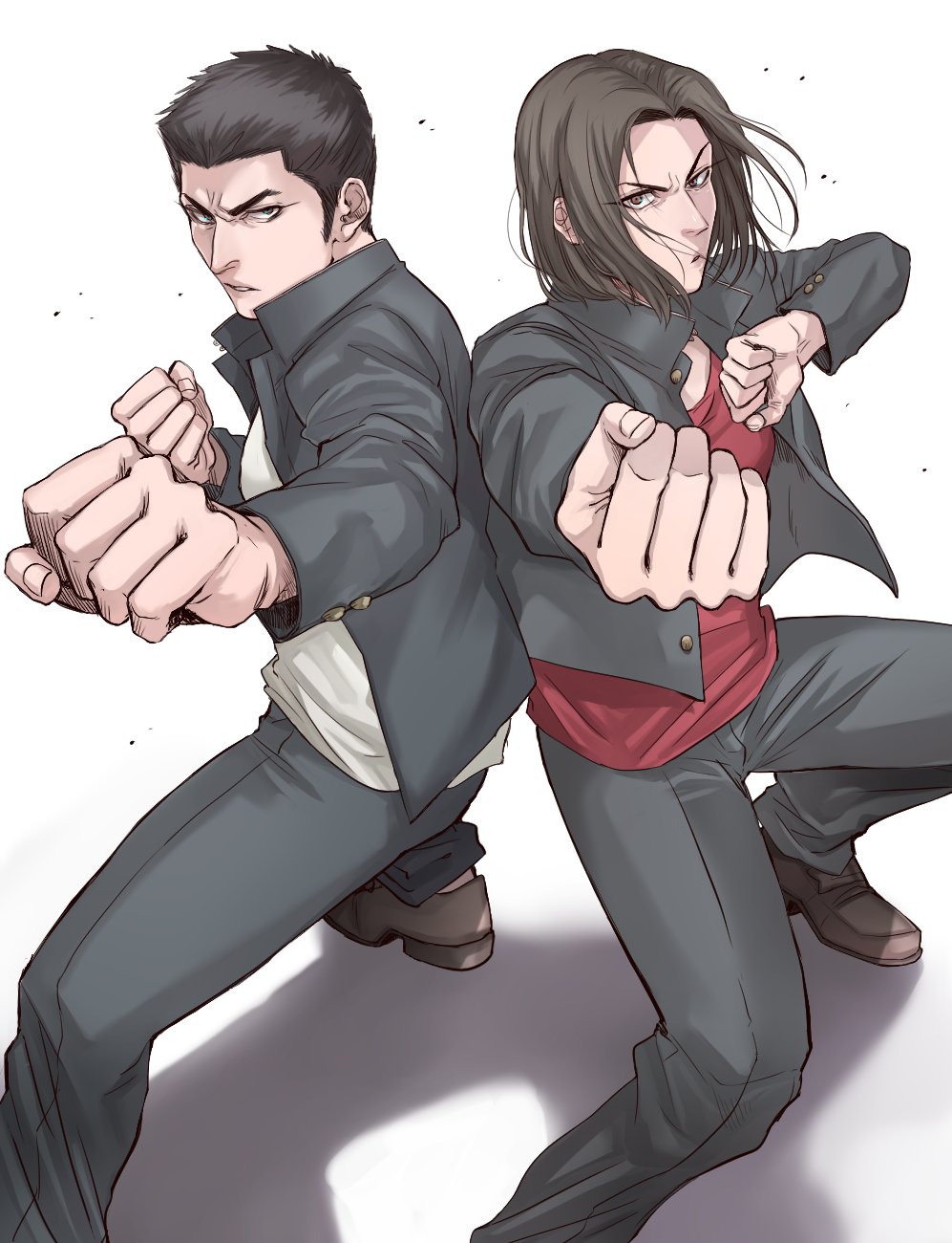 2boys, back-to-back, black_jacket, black_pants, brown_eyes, brown_footwear, brown_hair, clenched_hands