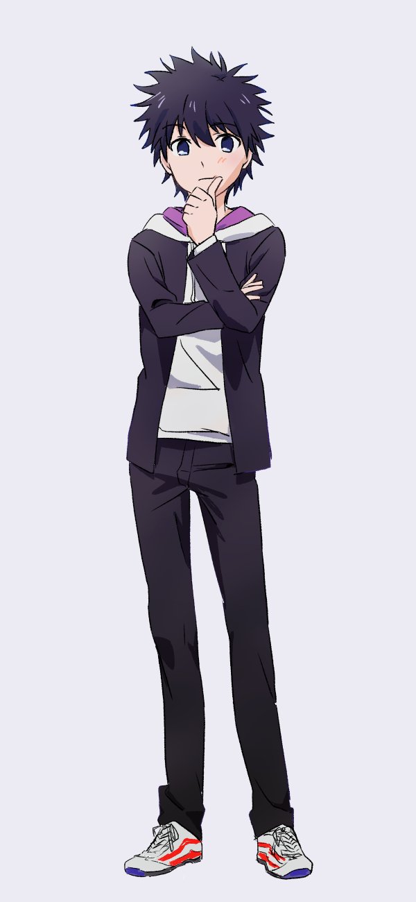 1boy, bangs, black_hair, black_jacket, black_pants, blue_eyes, commentary_request, full_body