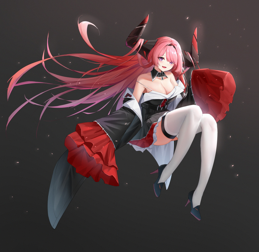 1girl, :d, absurdres, antenna_hair, asymmetrical_bangs, azur_lane, bangs, bare_shoulders, belt, belt_pouch, black_background, black_belt, black_dress, black_footwear, black_hairband, black_horns, black_sleeves, blunt_bangs, blush, buttons, commentary_request, cross, detached_collar, detached_sleeves, dress, eyelashes, floating_hair, frilled_dress, frilled_sleeves, frills, full_body, grey_background, hairband, hand_up, high_heels, highres, horns, iron_cross, kafeifeifeifeifeifei_jiemo_jun, long_hair, long_sleeves, looking_at_viewer, mechanical_horns, open_mouth, pink_hair, pouch, prinz_rupprecht_(azur_lane), shoes, sidelocks, sleeves_past_fingers, sleeves_past_wrists, smile, solo, strapless, strapless_dress, thigh-highs, very_long_hair, violet_eyes, white_thighhighs, wide_sleeves, wing_collar