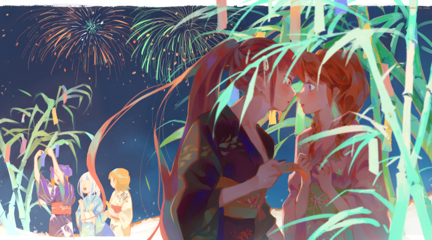 5girls, bamboo, blue_kimono, blush, couple, earrings, ellie_niunai_zhuyi_zhe, feather_earrings