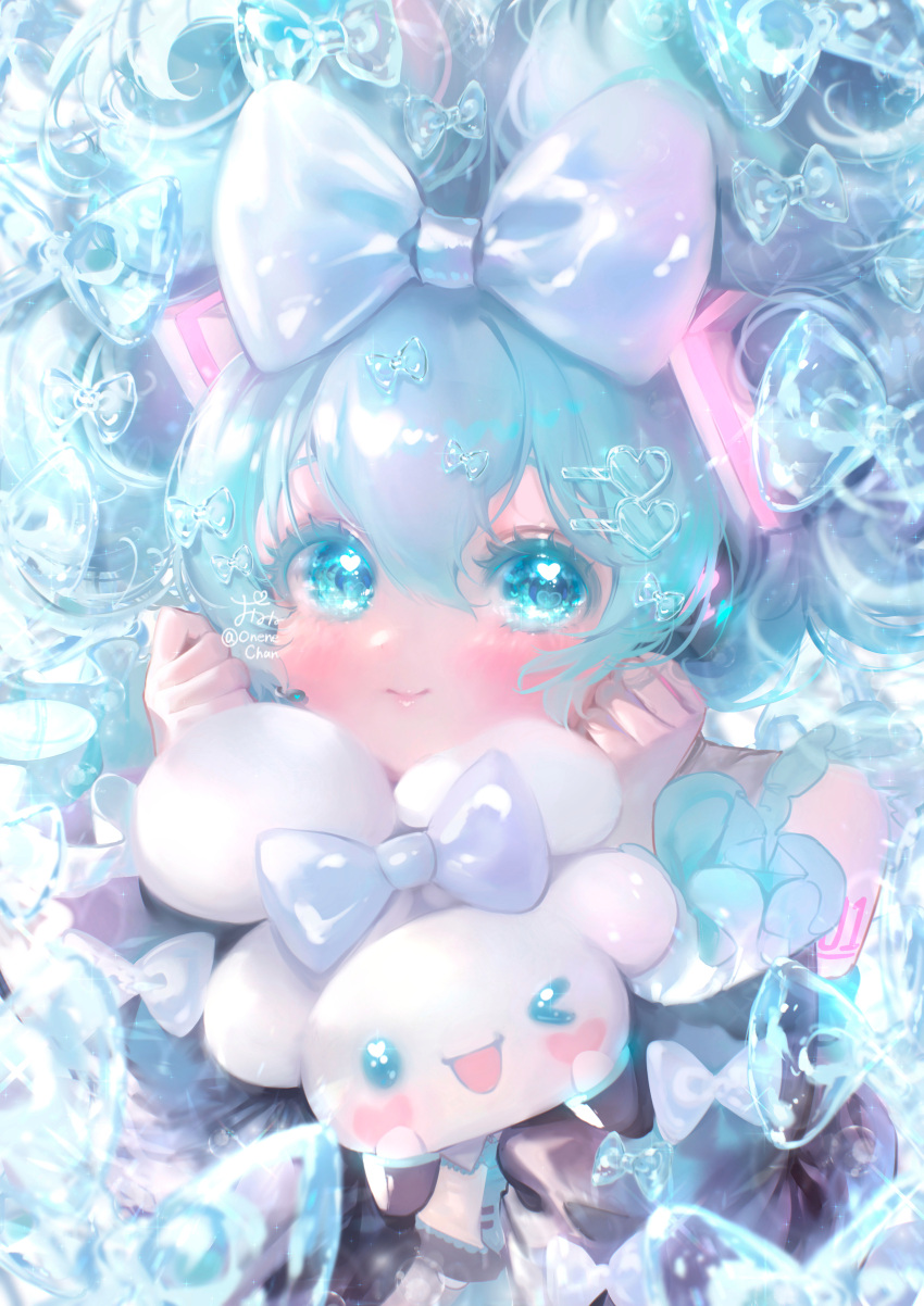 1girl, :d, absurdres, aqua_eyes, aqua_hair, bangs, black_sleeves, blue_shirt