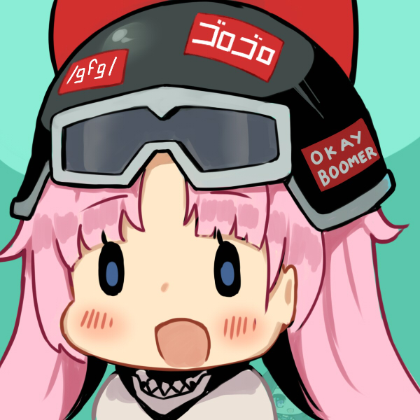 1girl, black_headwear, blue_eyes, blush, bren_ten_(girls'_frontline), chibi, english_commentary, english_text