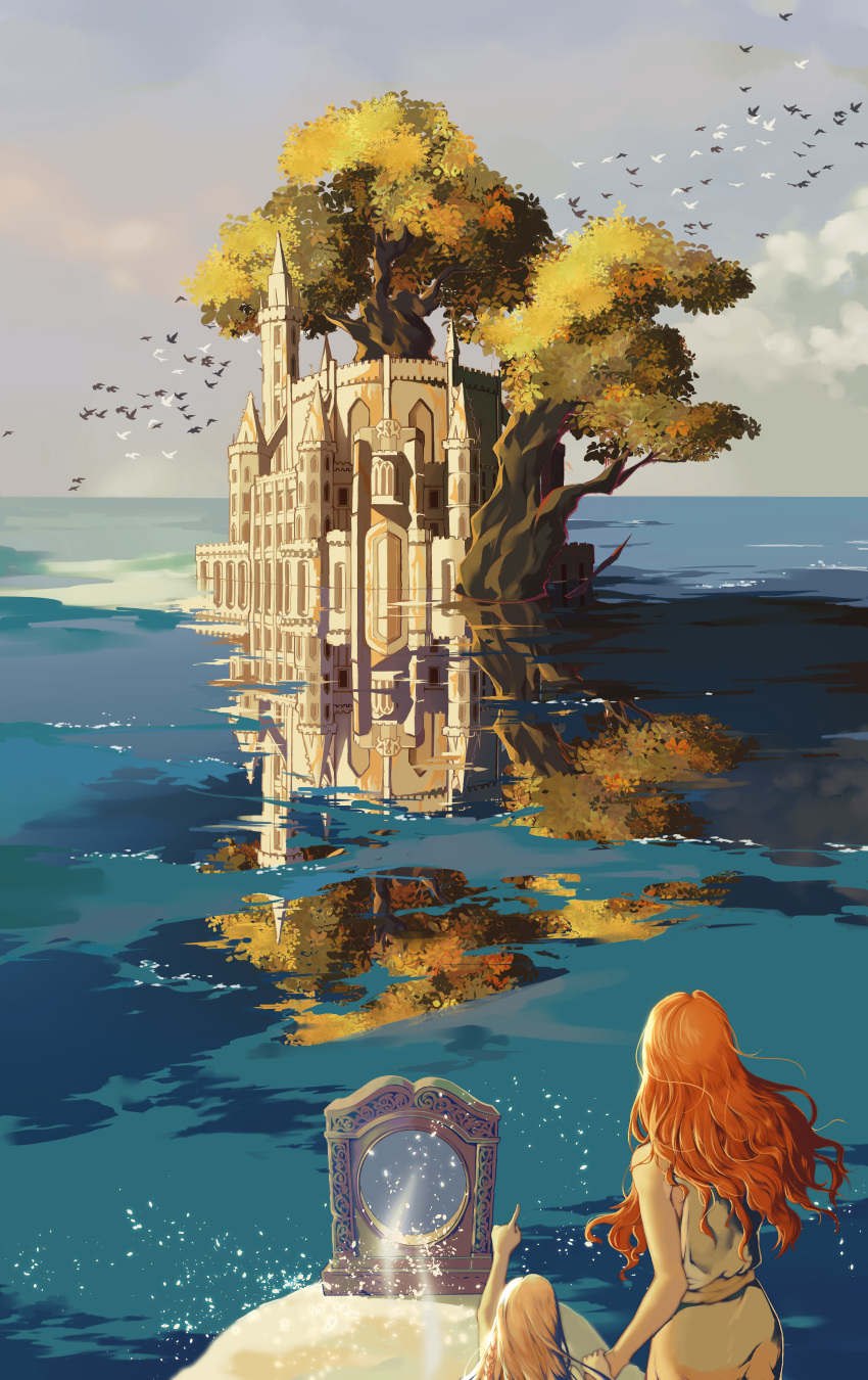 1boy, 1girl, absurdres, alternate_universe, bare_shoulders, bird, blonde_hair, blue_sky