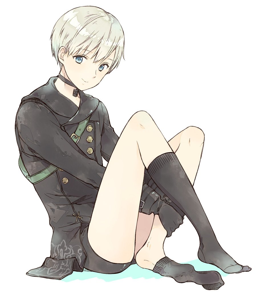 1boy, black_choker, black_gloves, black_jacket, blue_eyes, choker, gloves, grey_hair