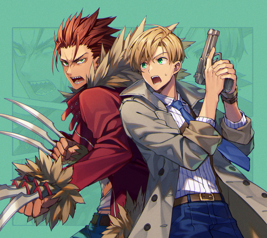 2boys, aaron_(buddy_mission_bond), belt, blonde_hair, blue_pants, buddy_mission_bond, coat, fur_collar