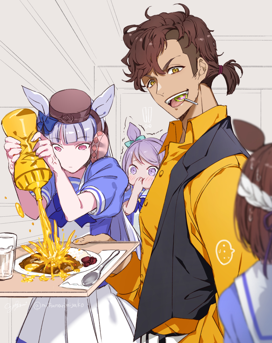..., 1boy, 3girls, aqua_bow, blurry, blurry_foreground, bow, bowtie