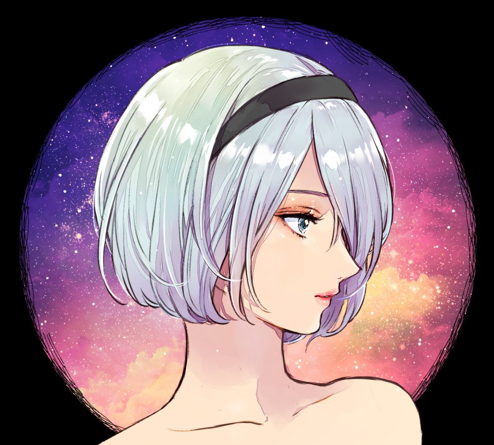 1girl, black_hairband, collarbone, grey_eyes, grey_hair, hairband, medium_hair, nier_(series)
