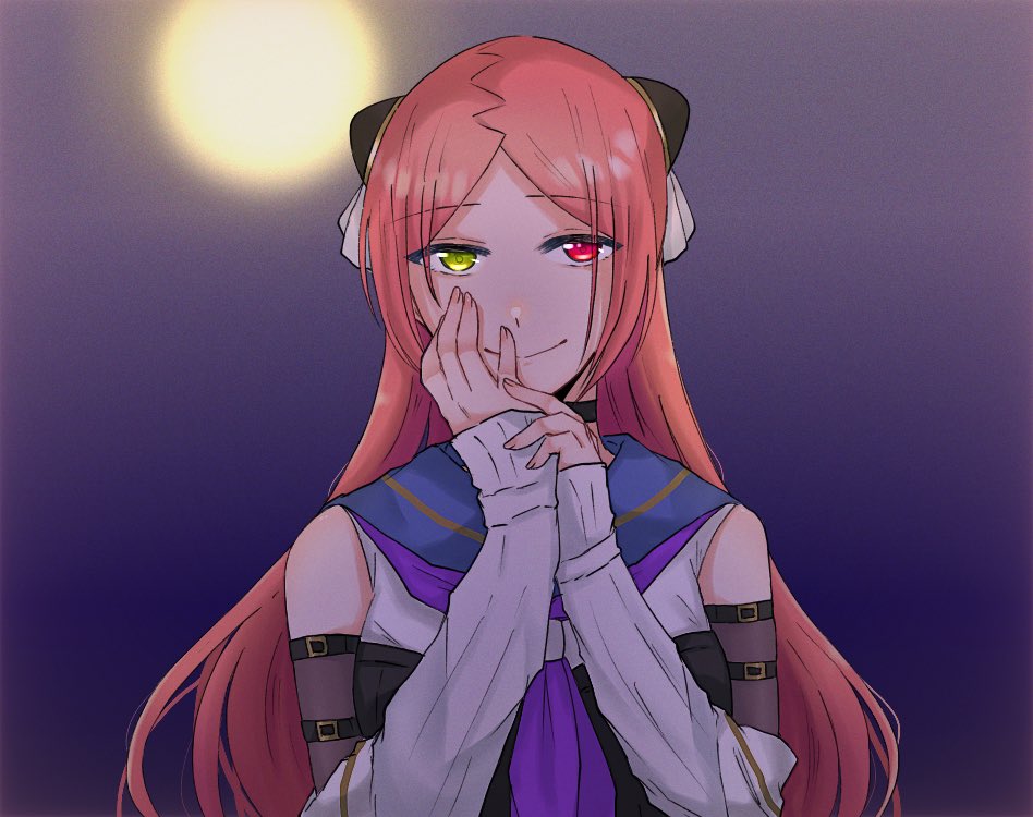 1girl, arm_belt, assault_lily, bangs, belt, belt_buckle, black_belt, black_choker, black_shirt, blue_sailor_collar, buckle, choker, closed_mouth, commentary, detached_sleeves, fingernails, full_moon, green_eyes, hairpods, hand_on_own_cheek, hand_on_own_chin, hand_on_own_face, hands_up, heterochromia, layered_sleeves, long_hair, long_sleeves, looking_at_viewer, moon, neckerchief, nigari_(ngari_0115), night, outdoors, own_hands_together, parted_bangs, purple_neckerchief, red_eyes, redhead, ribbed_sleeves, sailor_collar, school_uniform, serafuku, shiba_tomoshibi, shirt, sleeves_past_wrists, smile, solo, two-tone_shirt, upper_body, white_shirt, yellow_moon
