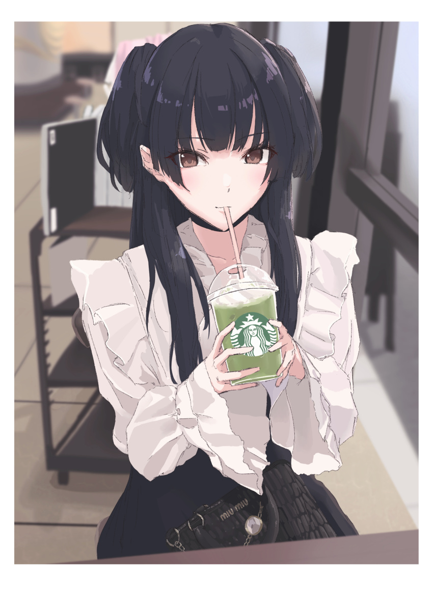 1girl, absurdres, black_hair, black_skirt, blurry, blurry_background, cafe, cup