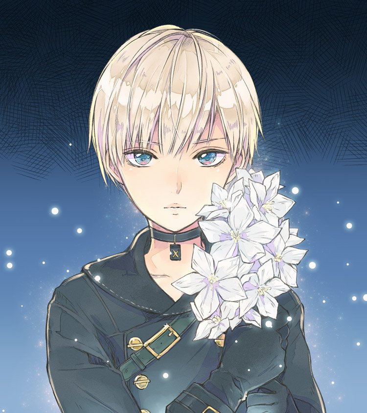 1boy, black_collar, black_gloves, black_jacket, blonde_hair, blue_eyes, collar, expressionless
