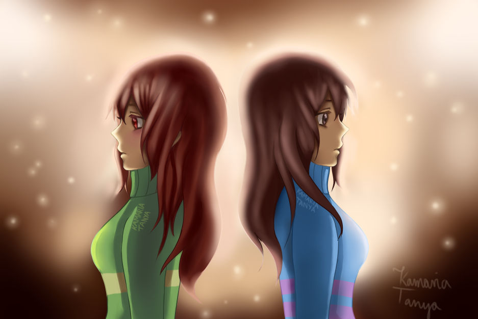 2girls, back-to-back, blue_sweater, blue_turtleneck, blue_turtleneck_sweater, breasts, brown_eyes, brown_hair, chara_(undertale), double_stripe, eyebrows, eyebrows_behind_hair, frisk_(undertale), green_sweater, green_turtleneck, green_turtleneck_sweater, kamaria, long_hair, medium_breasts, open_eyes, open_mouth, purple_stripe, red_eyes, single_stripe, striped_sweater, striped_turtleneck, striped_turtleneck_sweater, sweater, undertale, upper_body, yellow_stripe