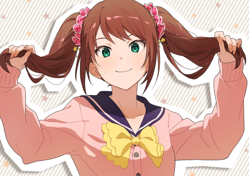 1boy, bangs, blue_sailor_collar, bow, bowtie, brown_hair, buttons, bxksb6384, cardigan, collarbone, green_eyes, grey_background, hair_ornament, hands_up, highres, idolmaster, idolmaster_side-m, long_hair, long_sleeves, looking_at_viewer, mizushima_saki, otoko_no_ko, pink_cardigan, pink_scrunchie, playing_with_own_hair, sailor_collar, scrunchie, sidelocks, smile, solo, star_(symbol), star_hair_ornament, striped, striped_background, twintails, upper_body, yellow_bow, yellow_bowtie