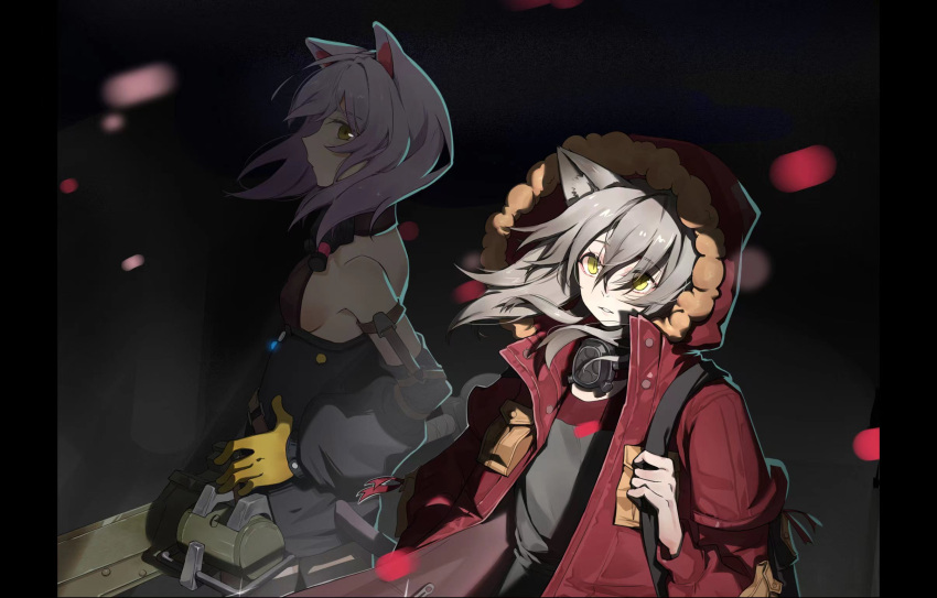 2girls, animal_ears, arknights, bangs, clothing_cutout, coat, fur-trimmed_coat, fur_trim