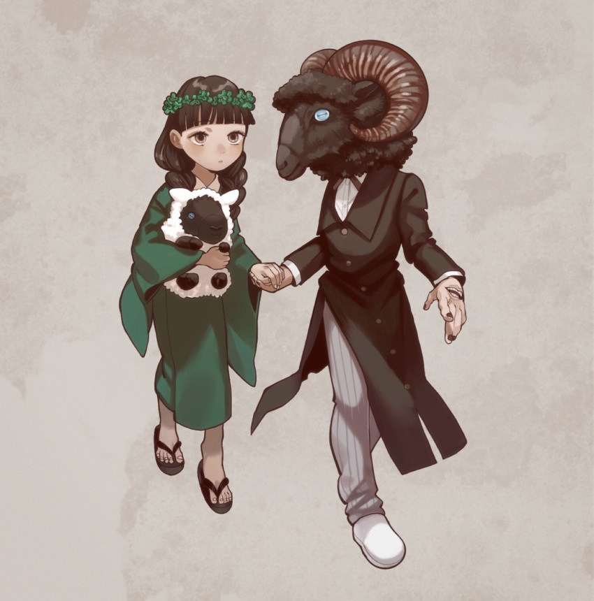 1boy, 1girl, animal_head, bangs, black_coat, black_hair, black_pants, blue_eyes