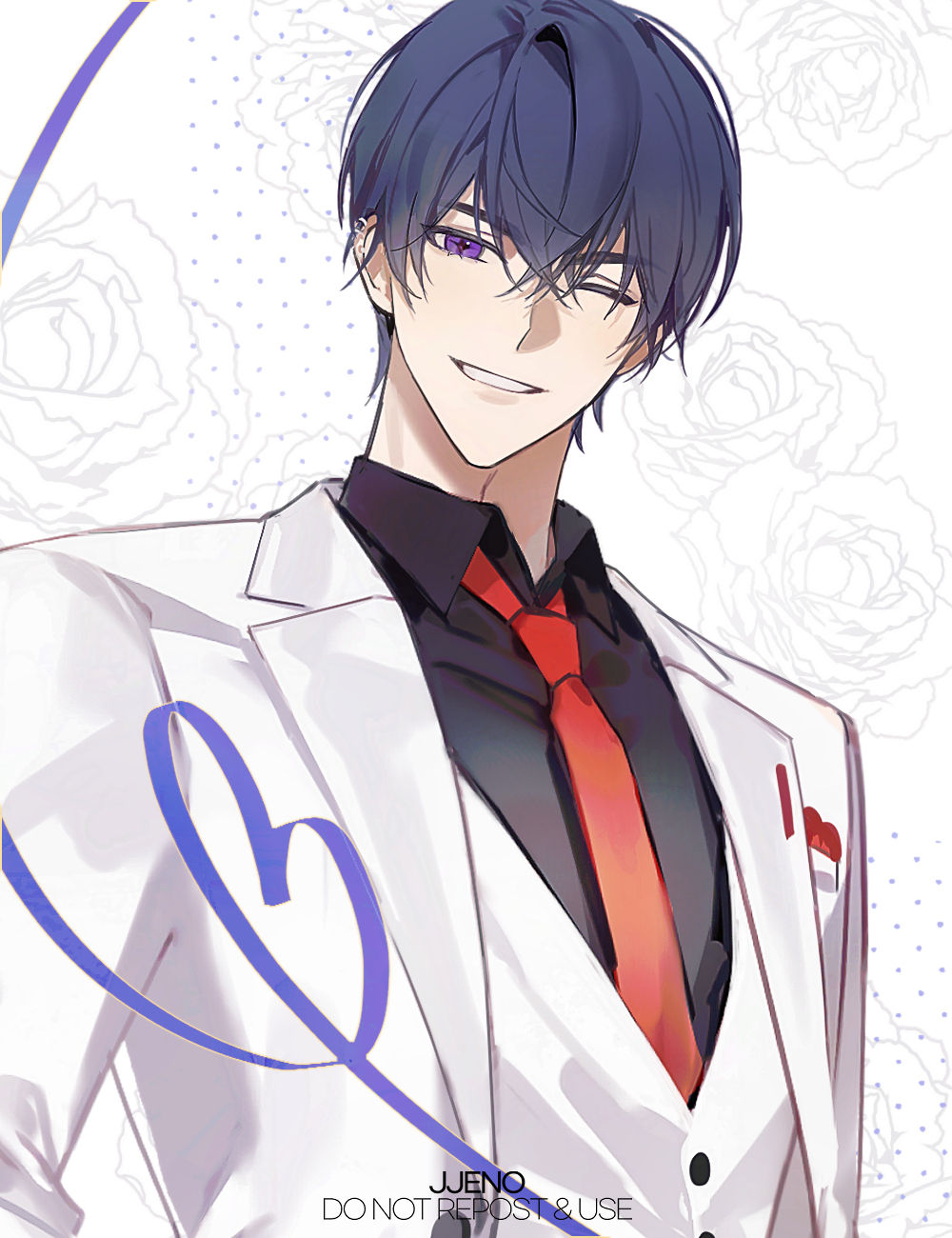 1boy, :d, artist_name, bangs, black_shirt, collared_shirt, earrings, floral_background