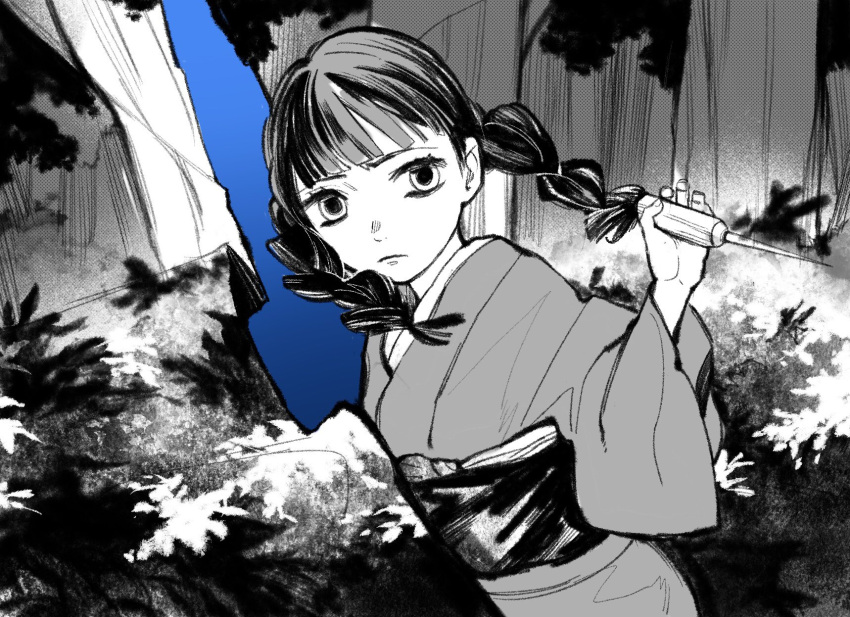1girl, bangs, blunt_bangs, braid, braid_girl_(enmu's_recruits), floating_hair, forest, frown