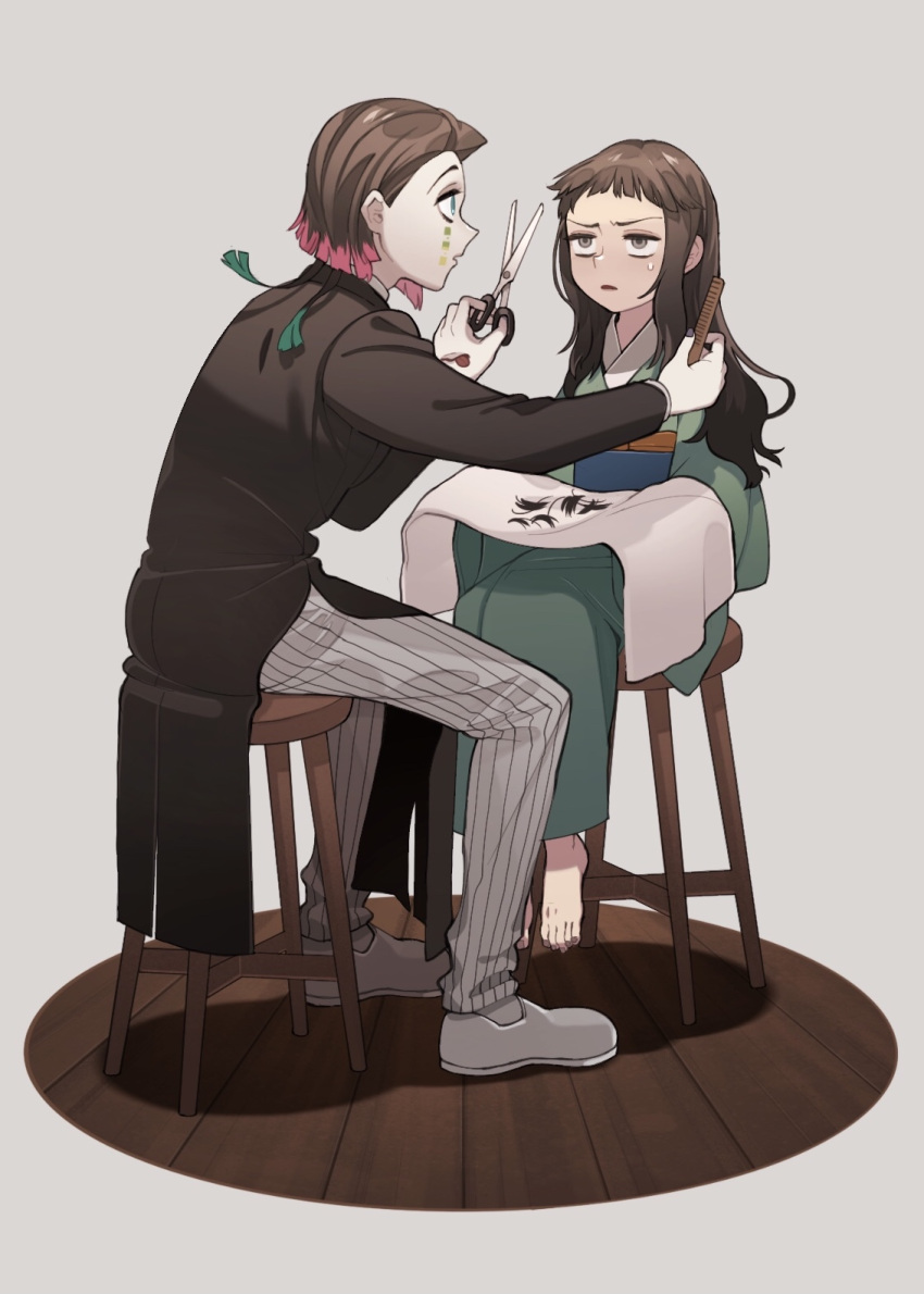 1boy, 1girl, alternate_hairstyle, bags_under_eyes, barefoot, black_coat, black_hair, black_nails