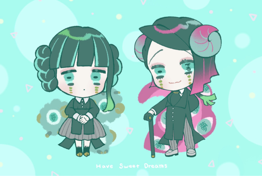 1boy, 1girl, :3, :o, aqua_background, arm_behind_back, ascot, bangs