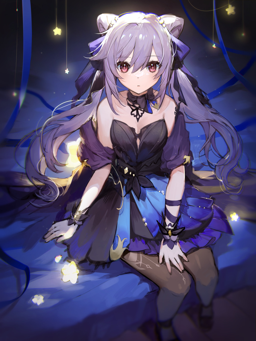 1girl, absurdres, double_bun, dress, genshin_impact, hair_bun, highres, keqing_(genshin_impact)
