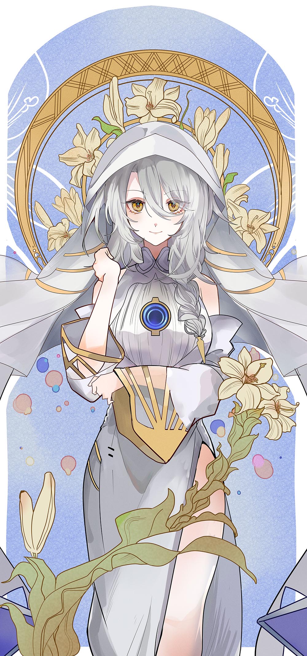 1girl, bare_shoulders, braid, breasts, chinese_commentary, commentary_request, cowboy_shot, detached_sleeves, dress, flower, genderswap, genderswap_(mtf), girls'_frontline_neural_cloud, girls_frontline, grey_hair, hair_between_eyes, hair_ornament, hair_over_shoulder, heituitui, highres, hole_in_chest, hole_on_body, long_hair, looking_at_viewer, lord_eosphoros_(girls'_frontline_nc), medium_breasts, sanctifiers_(girls'_frontline_nc), side_slit, sleeveless, sleeveless_dress, smile, solo, spoilers, standing, veil, white_dress, yellow_eyes