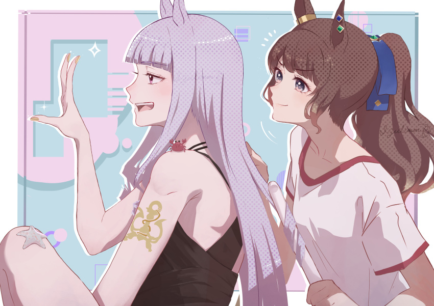 2girls, absurdres, alternate_hairstyle, animal_ears, animal_on_shoulder, arm_tattoo, artist_name, bangs
