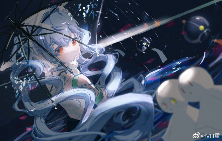 1girl, blue_hair, commentary, double_helix, from_behind, girls'_frontline_neural_cloud, girls_frontline, hair_between_eyes, helix_(girls'_frontline_nc), holding, holding_umbrella, long_hair, looking_at_viewer, looking_back, orange_eyes, rain, shuimu_mao_mao_tou, solo, teruterubouzu, transparent, transparent_umbrella, twintails, umbrella, upper_body, very_long_hair, weibo_username, wind_chime
