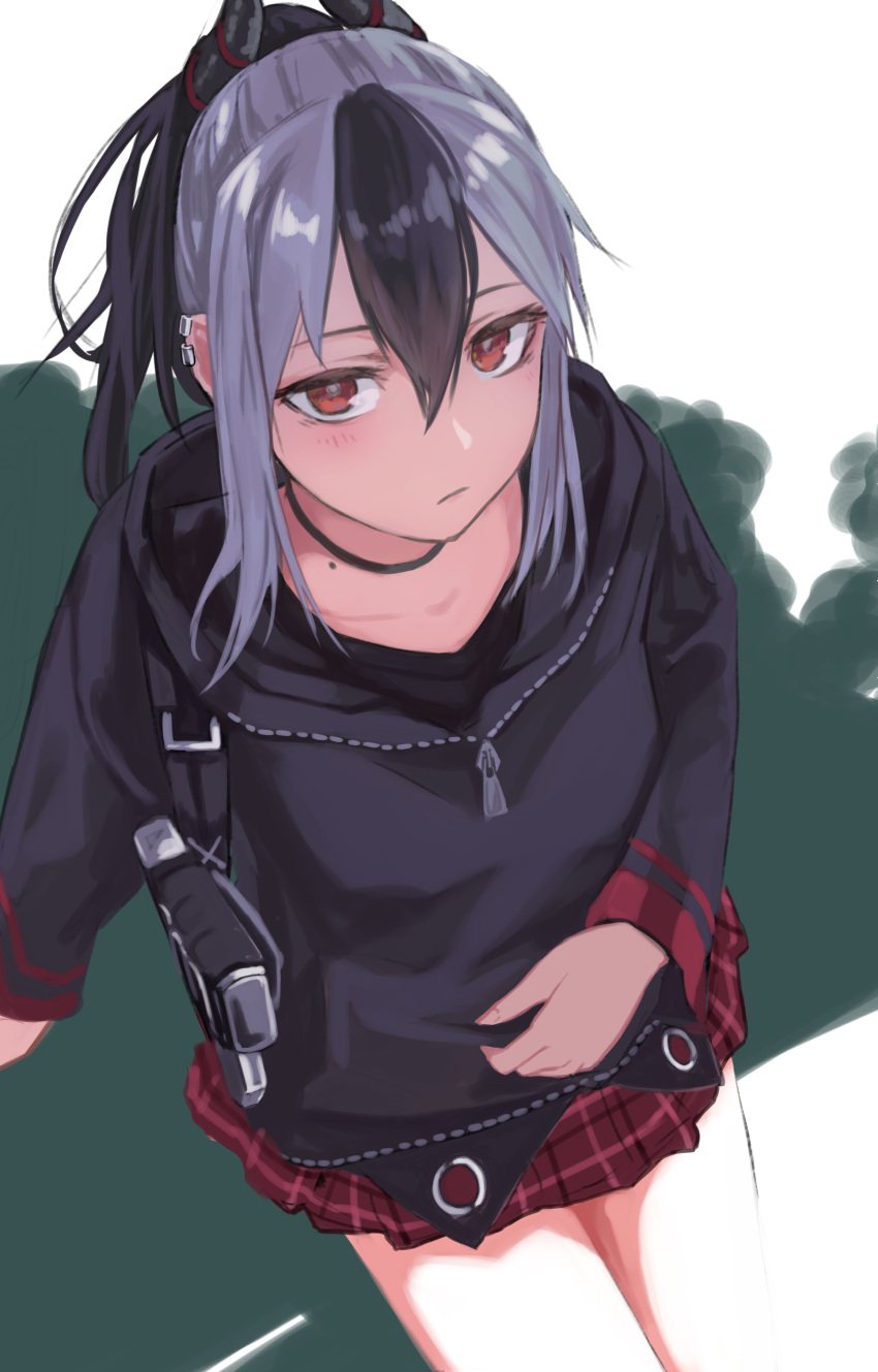 1girl, absurdres, arm_support, bangs, black_hair, black_hoodie, blue_archive, blush