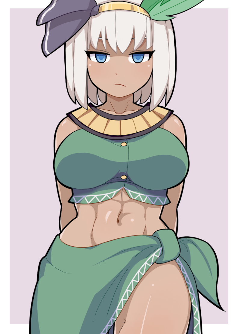 1girl, :/, abs, adapted_costume, asatsuki_(cookie), blue_eyes, bob_cut, breasts