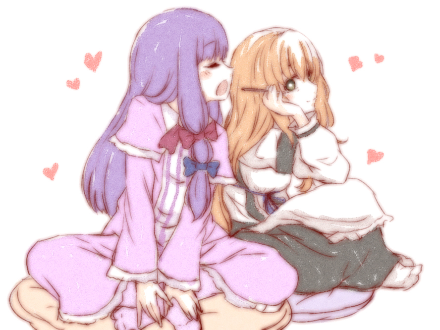 2girls, bangs, blonde_hair, blue_bow, blunt_bangs, blush, bow, breasts