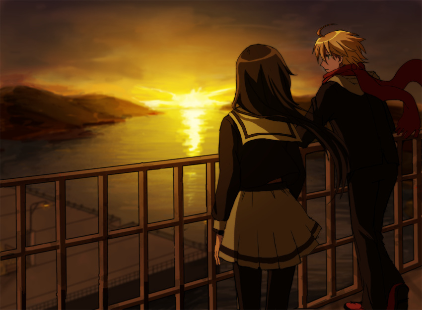 1boy, 1girl, ahoge, bangs, black_pants, black_pantyhose, black_shirt, blonde_hair