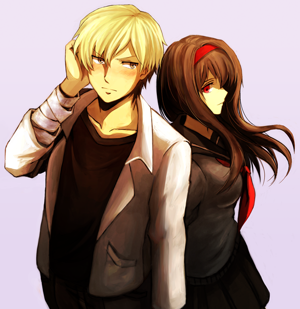 1boy, 1girl, bandaged_arm, bandages, bangs, black_serafuku, black_shirt, blonde_hair