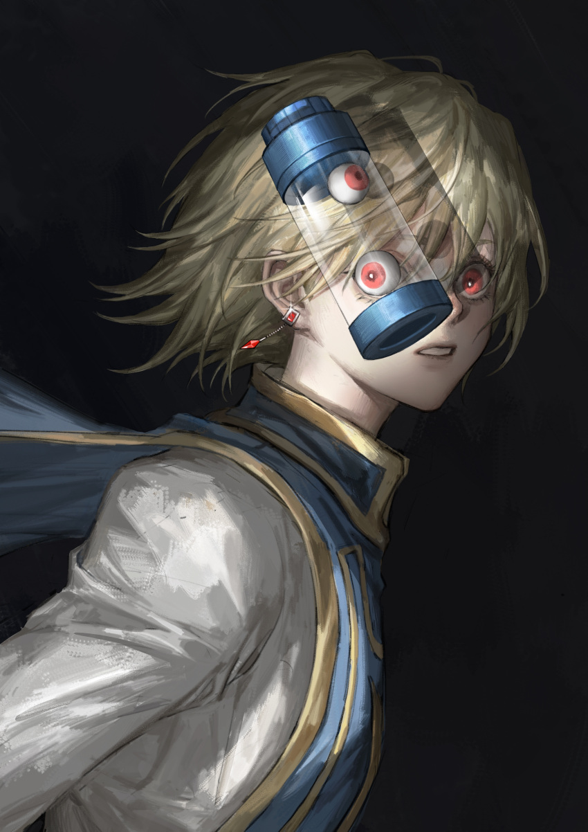 1boy, absurdres, black_background, blue_tabard, earrings, eyeball, floating_clothes, floating_hair