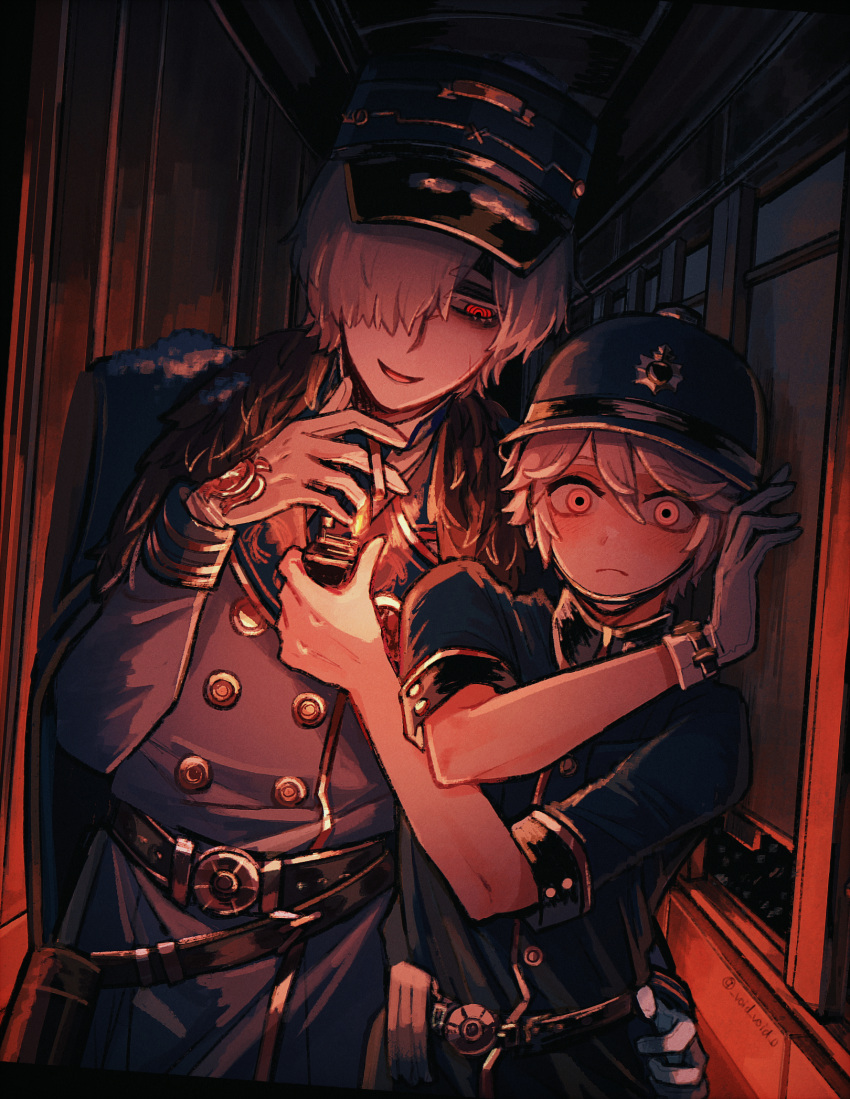 2boys, @_@, albino, andrew_kreiss, andrew_kreiss_(train_conductor), bags_under_eyes, belt, blush