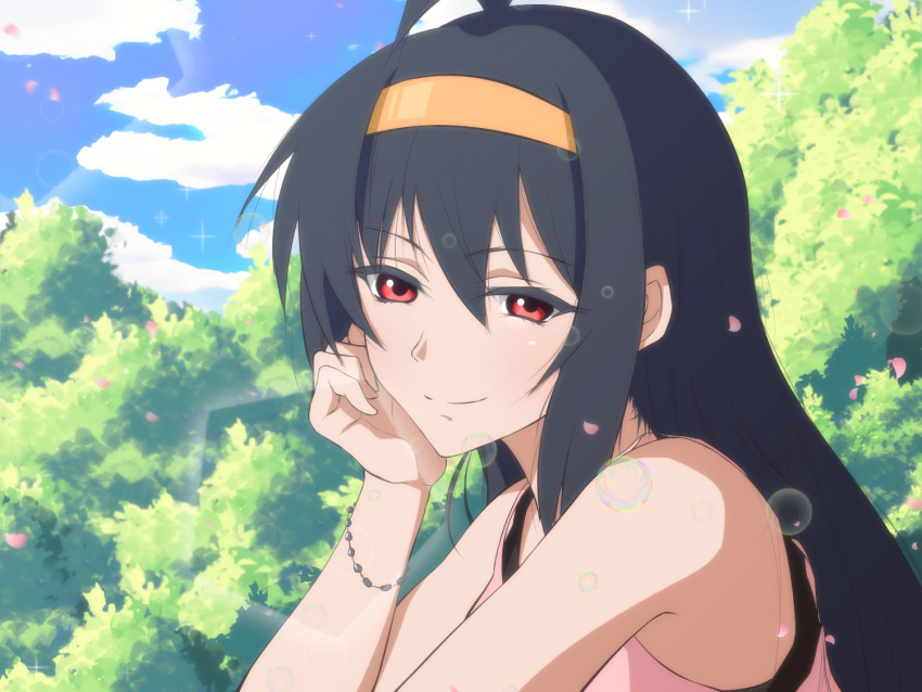 1girl, bangs, black_hair, blue_sky, blush, bracelet, camisole, closed_mouth