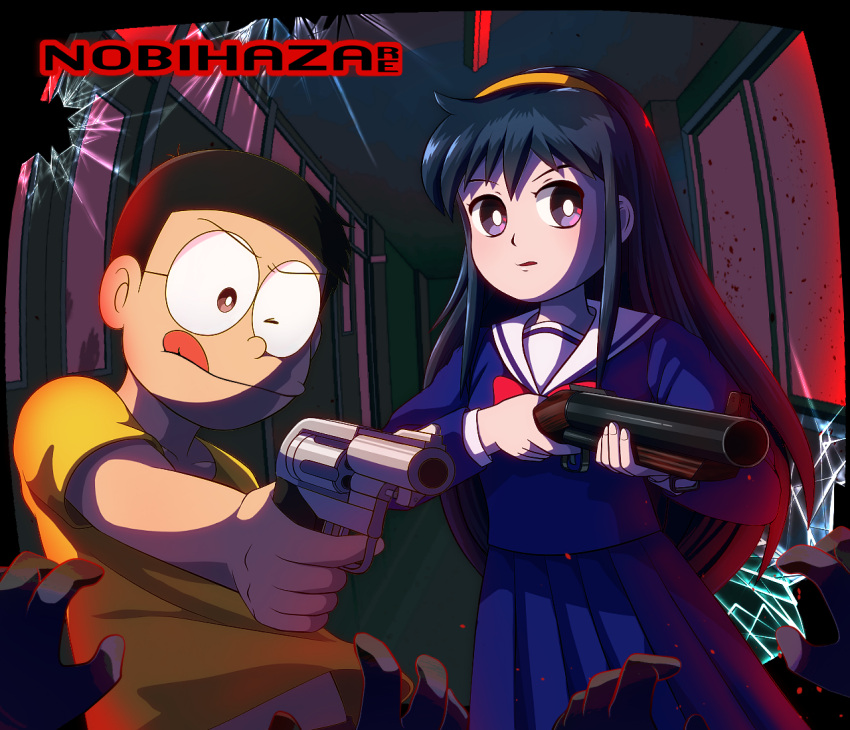 1boy, 1girl, :q, bangs, black_eyes, black_hair, blood, blue_jacket, blue_serafuku, blue_skirt, bow, bowtie, bright_pupils, broken_screen, closed_mouth, commentary_request, doraemon, doraemon:_nobita_no_biohazard, glasses, gun, hairband, holding, holding_gun, holding_weapon, indoors, jacket, kynosura, long_hair, long_sleeves, midorikawa_seina, nobi_nobita, one_eye_closed, open_mouth, red_bow, red_bowtie, resident_evil, revolver, sailor_collar, school_uniform, serafuku, shirt, short_hair, short_sleeves, shotgun, skirt, tongue, tongue_out, upper_body, weapon, white_pupils, white_sailor_collar, yellow_hairband, yellow_shirt, zombie