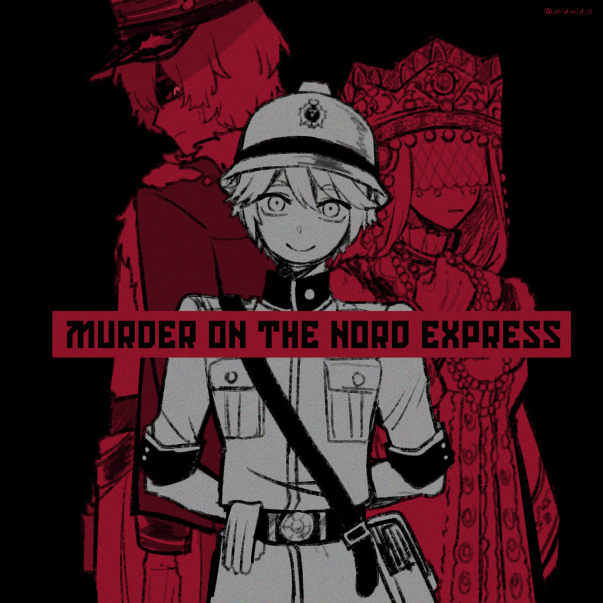 1girl, 2boys, andrew_kreiss, andrew_kreiss_(train_conductor), arms_behind_back, bags_under_eyes, belt, black_background