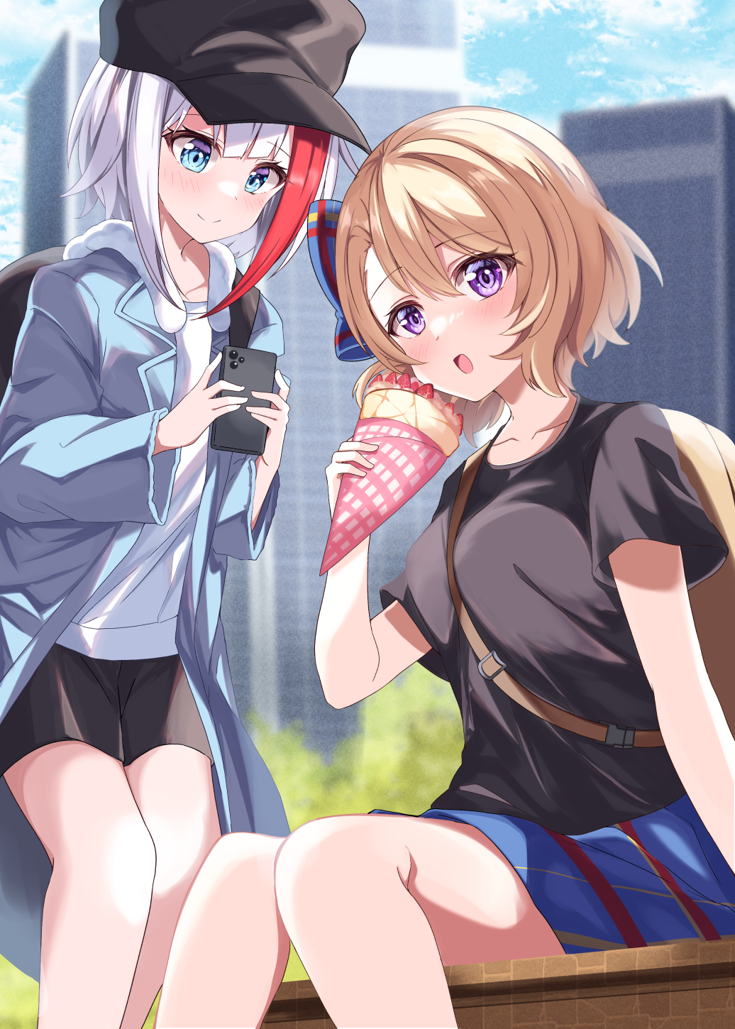 acchii_(akina), admiral_graf_spee_(azur_lane), alternate_costume, azur_lane, backpack, bag, black_shirt, blonde_hair, blue_eyes, blue_skirt, breasts, building, casual, cellphone, city, crepe, food, hair_ribbon, hat, highres, jacket, medium_breasts, multicolored_hair, outdoors, phone, ribbon, shirt, short_hair, shorts, sitting, skirt, smartphone, streaked_hair, white_hair, z23_(azur_lane)