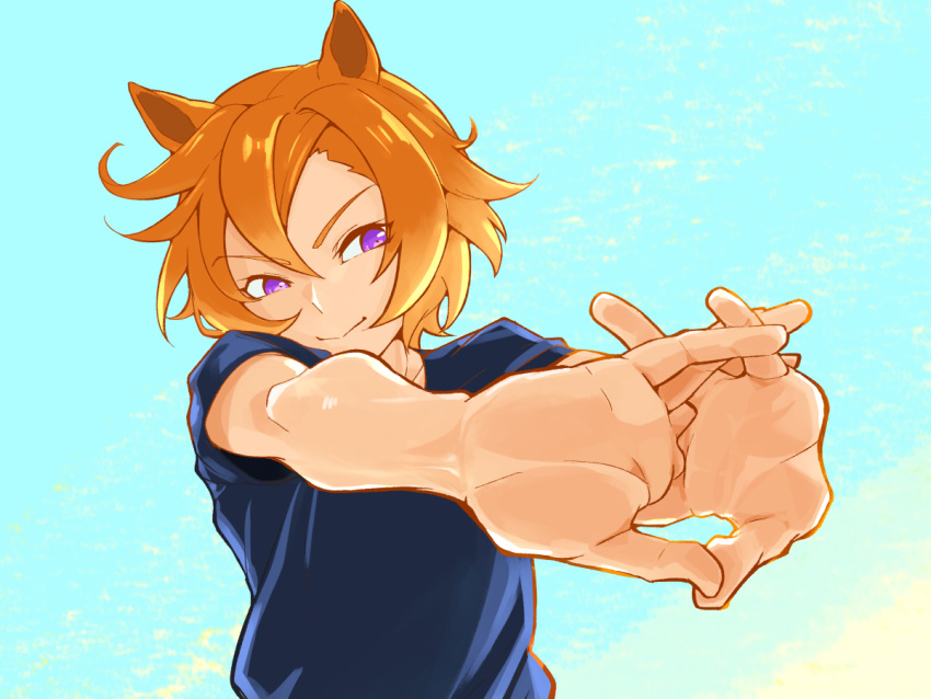 1girl, animal_ears, bangs, black_shirt, closed_mouth, cracking_knuckles, dogeyama_um, horse_ears