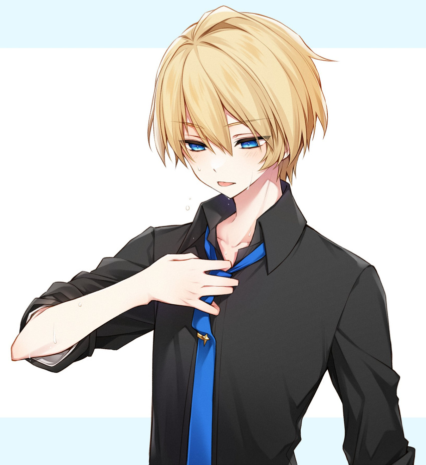 1boy, adjusting_clothes, adjusting_necktie, black_shirt, blonde_hair, blue_eyes, blue_necktie, collared_shirt