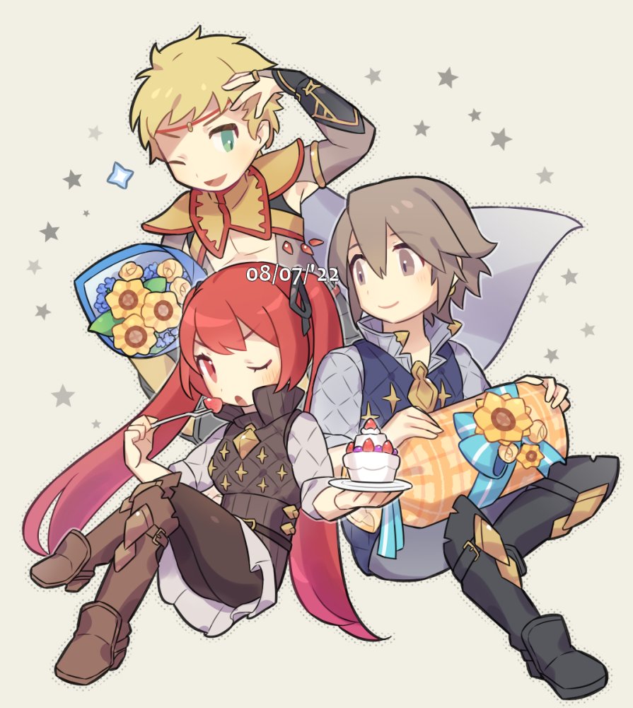 1girl, 2boys, bangs, blonde_hair, brown_eyes, brown_hair, cake, dated