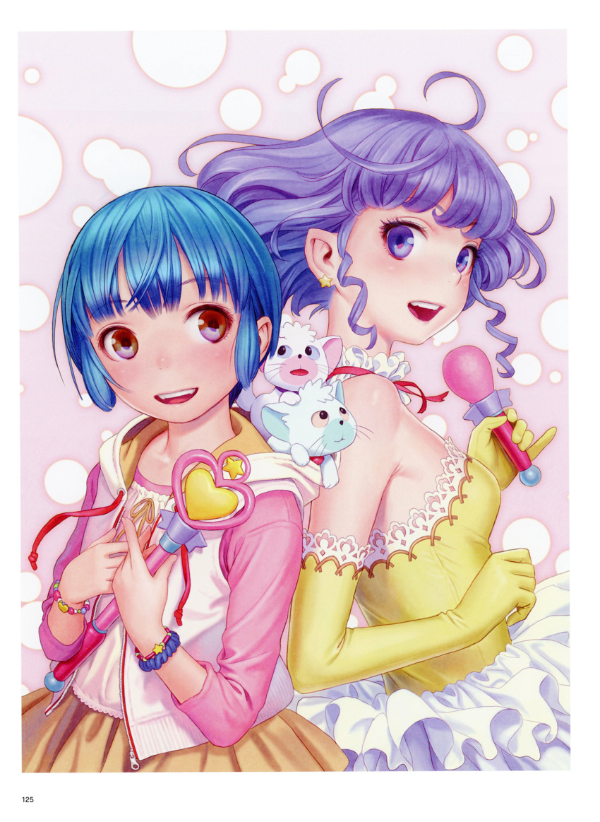 bangs, bead_bracelet, beads, blue_eyes, border, bracelet, brown_skirt, creamy_mami
